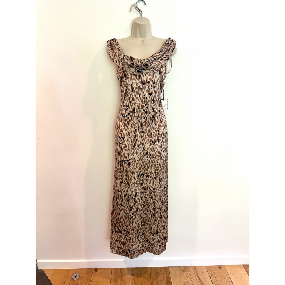 Laundry Shelli Segal Cowl Neck Slip Dress Maxi NWT Sz 8 M Brown Leopard Print